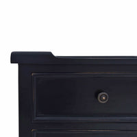 Close-up top corner of black end table.