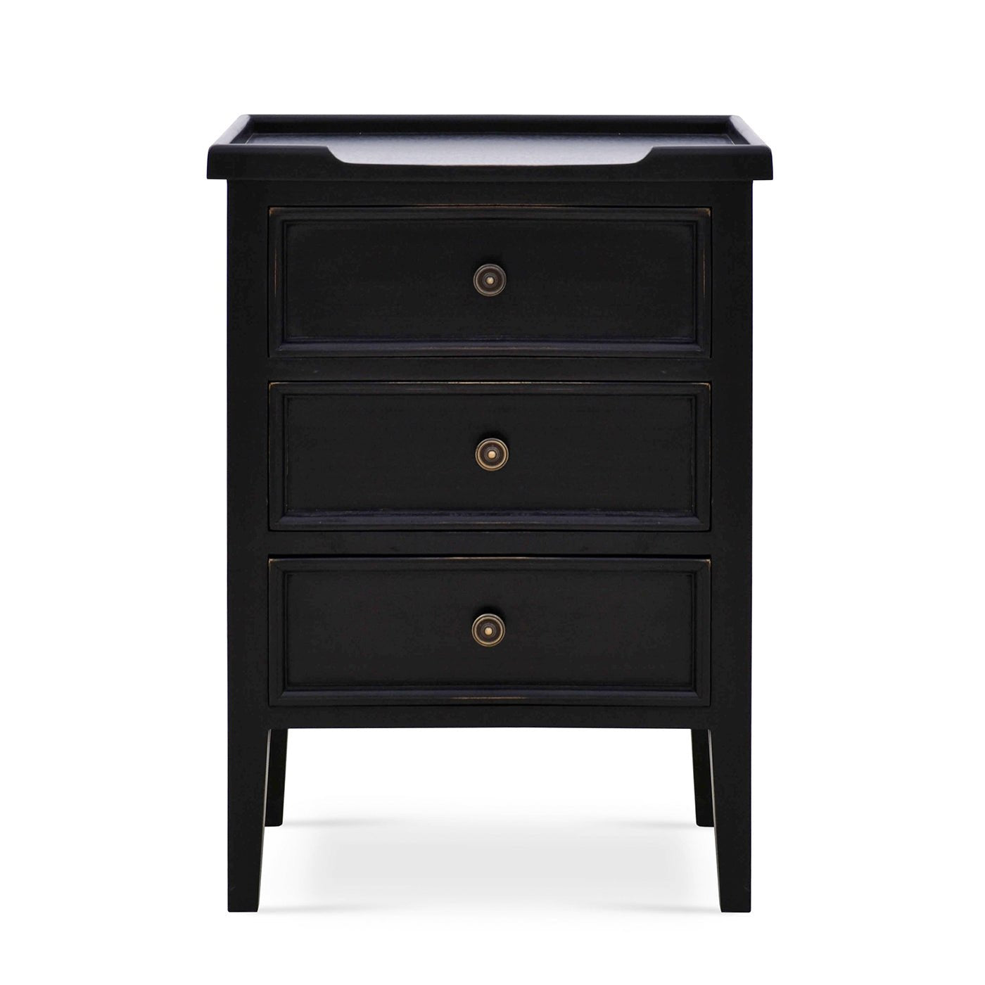 Black three-drawer end table front view.