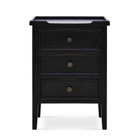 Black three-drawer end table front view.
