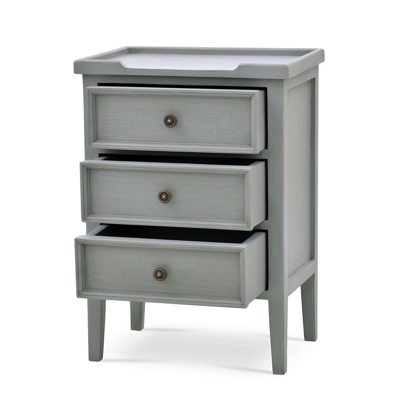 Gray end table with open drawers, front angle.