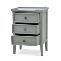 Gray end table with open drawers, front angle.