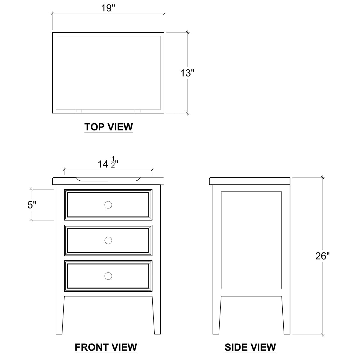 Dimensions diagram of gray three-drawer end table.