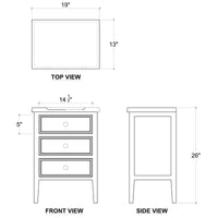 Dimensions diagram of gray three-drawer end table.