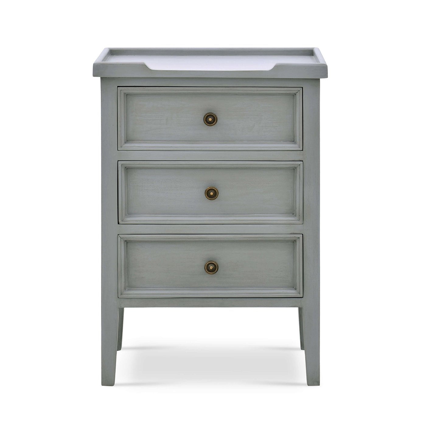 Front view of gray three-drawer end table.