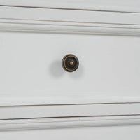 Close-up of drawer knob on white end table.
