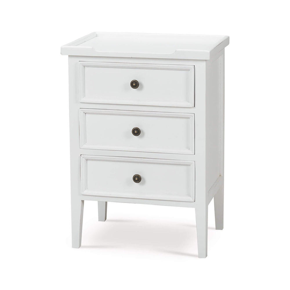 White end table with three drawers, angled view.