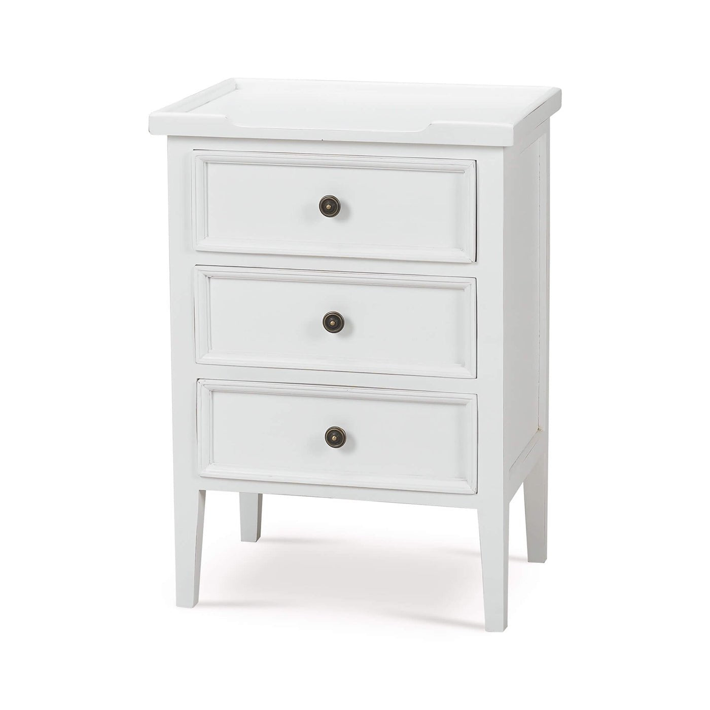 White end table with three drawers, angled view.