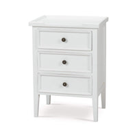 White end table with three drawers, angled view.