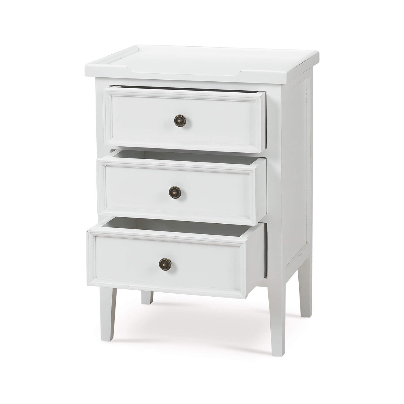 White end table, two drawers open, angled view.