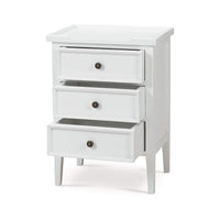 White end table, two drawers open, angled view.