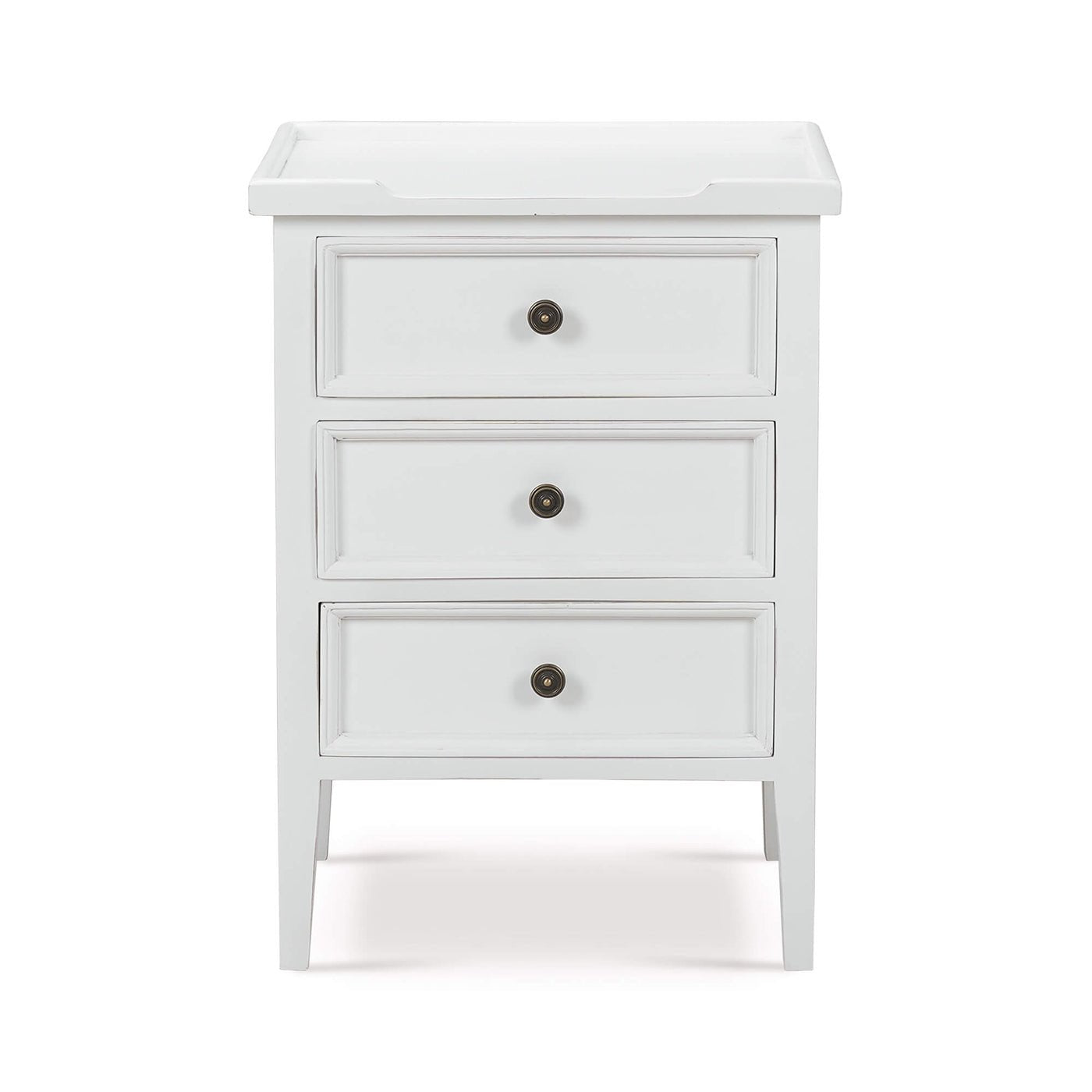 White end table, front view with three drawers.