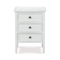 White end table, front view with three drawers.