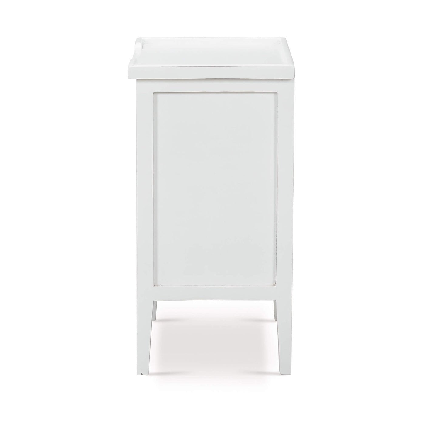 Side view of white end table, simple design.