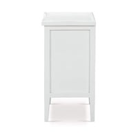 Side view of white end table, simple design.