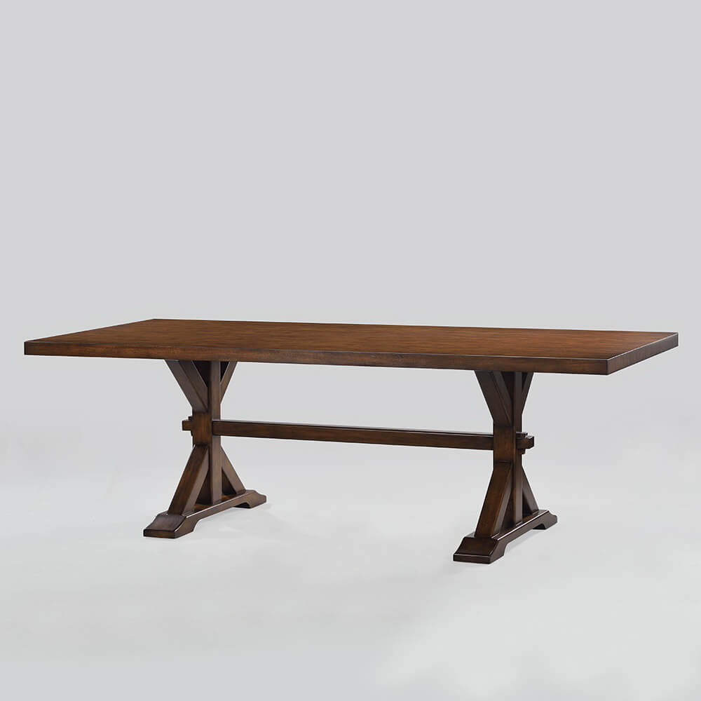 Trestle dining table side view showing structure.