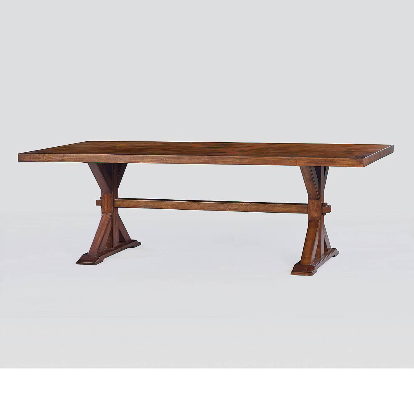 Wooden dining table, angled side view, light background.