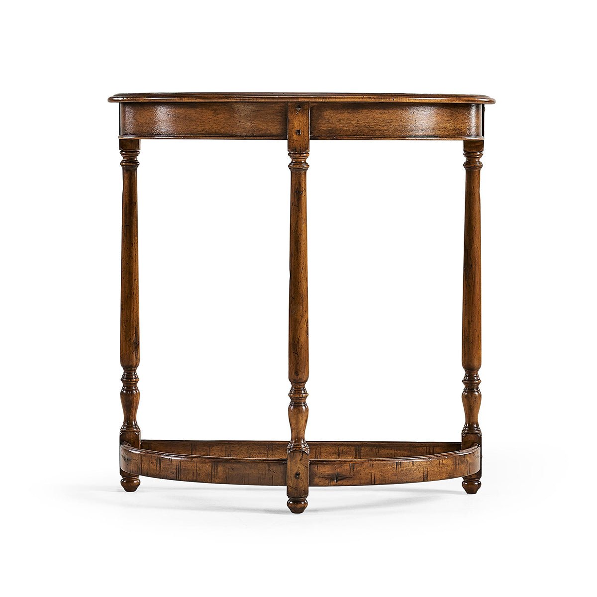 Demilune console table, front view showcasing detailed legs.