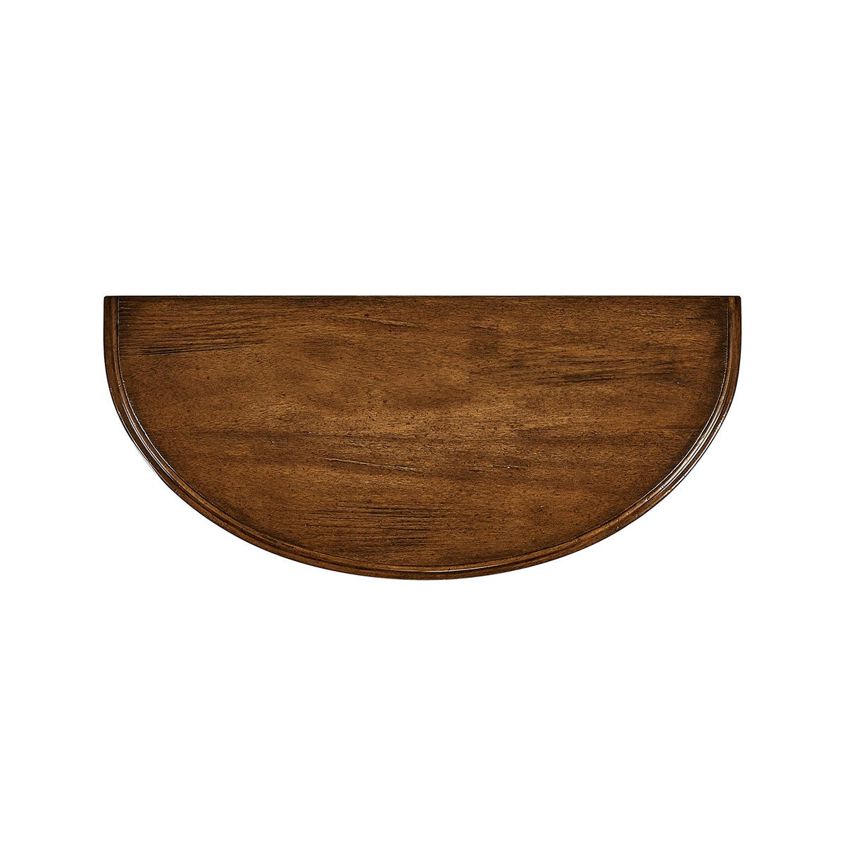 Overhead view of demilune console table top surface.