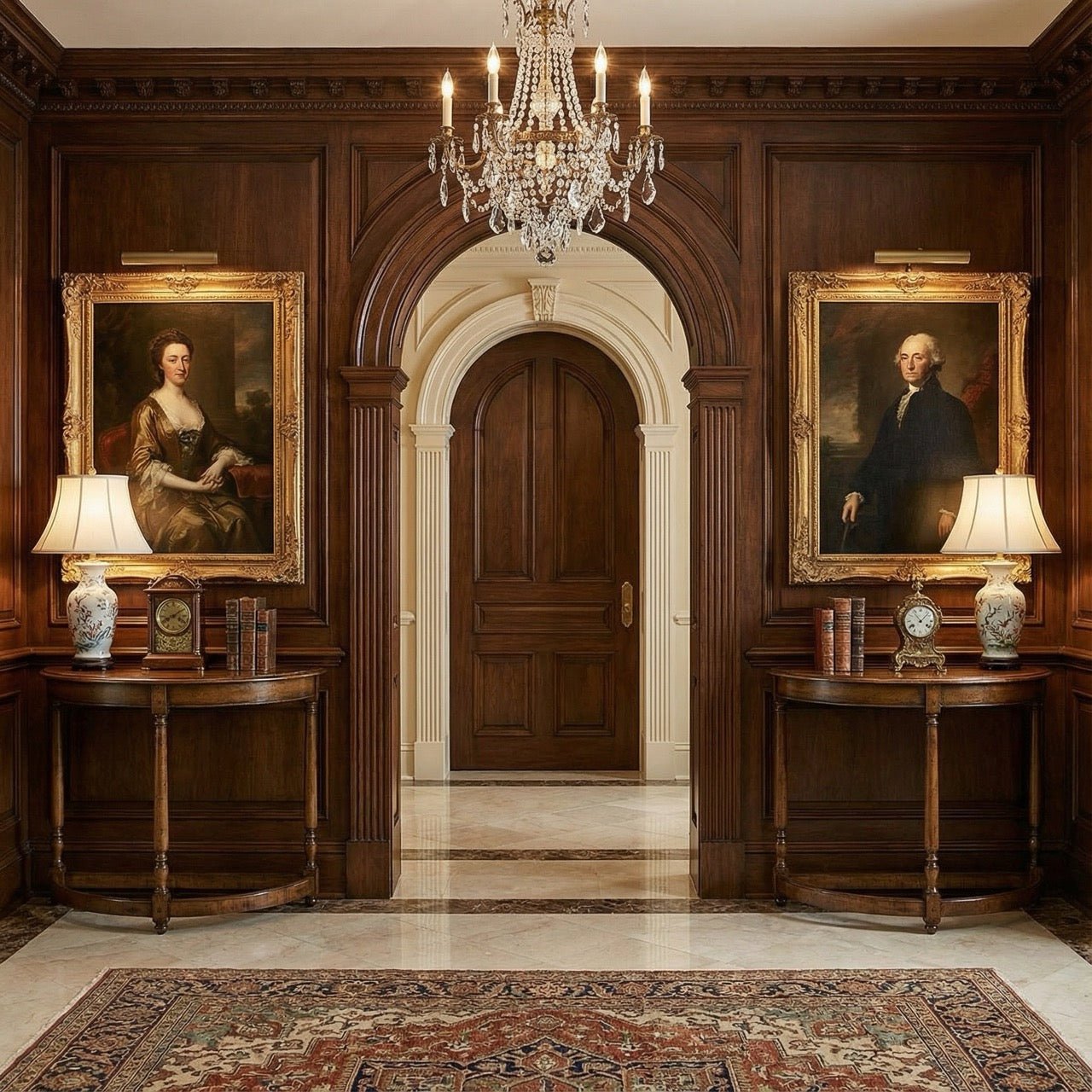 Two demilune console tables in elegant hallway setting.