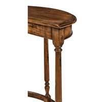 Demilune console table top with legs, angled view.