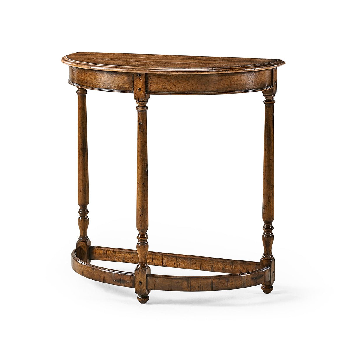 Demilune console table, wooden finish, front angle view.