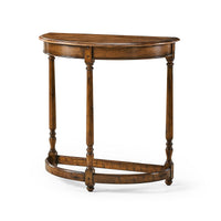 Demilune console table, wooden finish, front angle view.