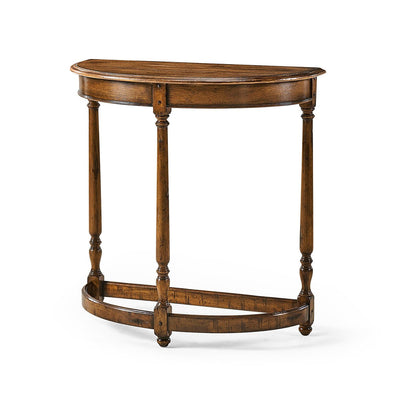 Demilune console table, wooden finish, front angle view.