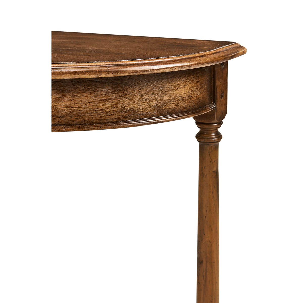 Corner detail of demilune console table, showing craftsmanship.