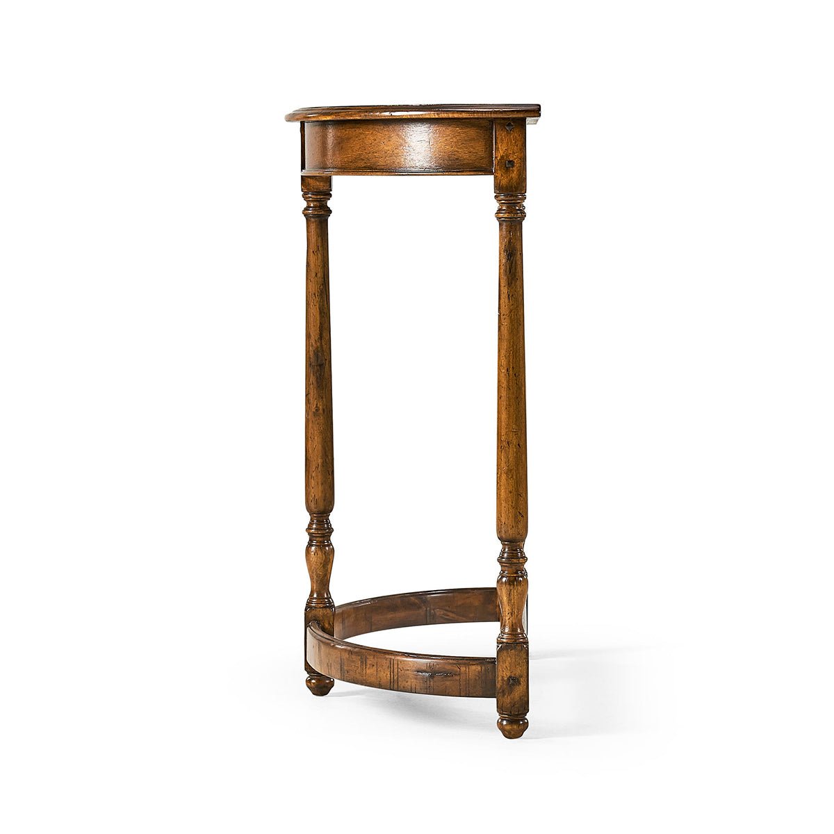 Demilune console table, side perspective highlighting structure.