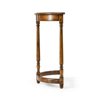 Demilune console table, side perspective highlighting structure.