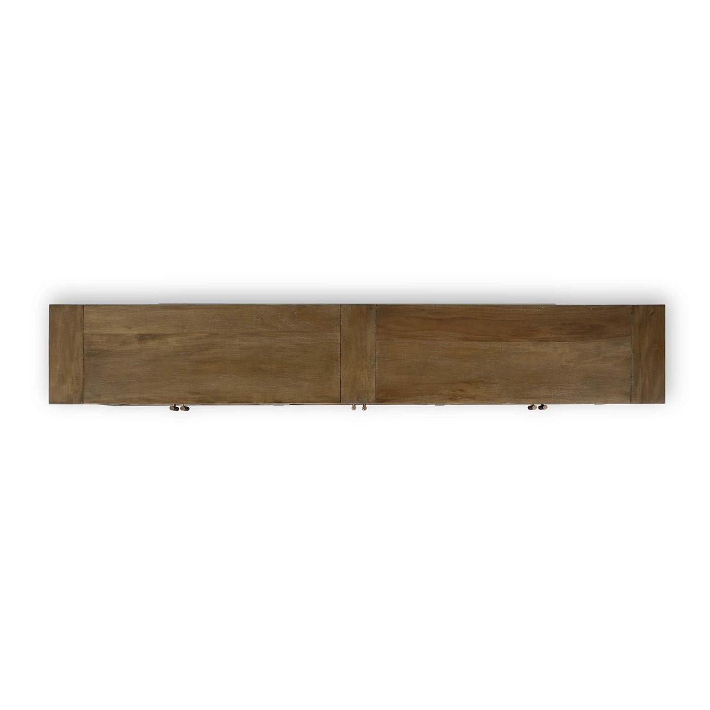 Top view of long wooden sideboard, showing smooth surface.