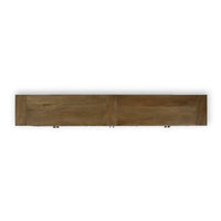 Top view of long wooden sideboard, showing smooth surface.