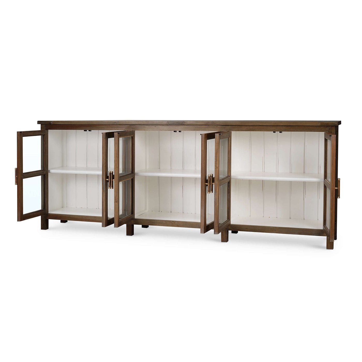 Open doors of sideboard showcasing interior shelves.