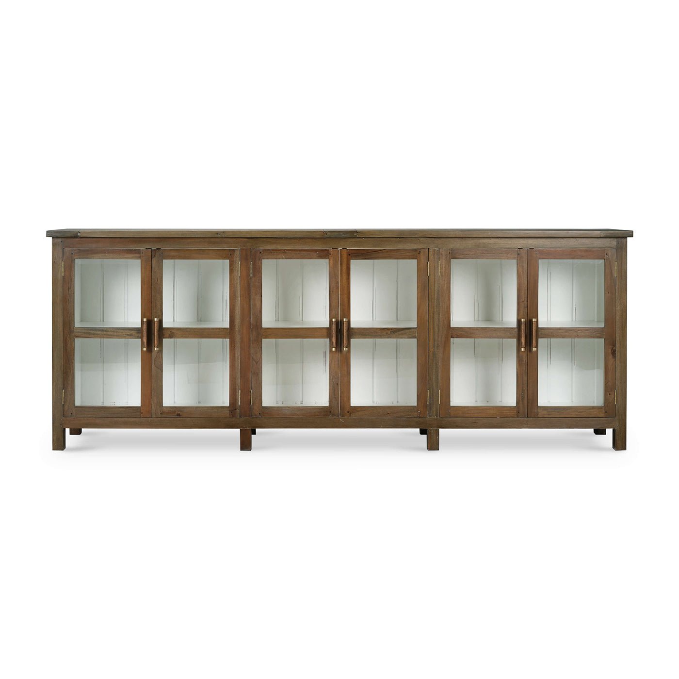 Front view of country wood sideboard, glass panel doors.