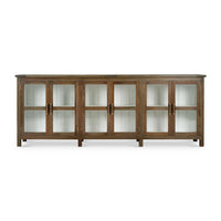 Front view of country wood sideboard, glass panel doors.