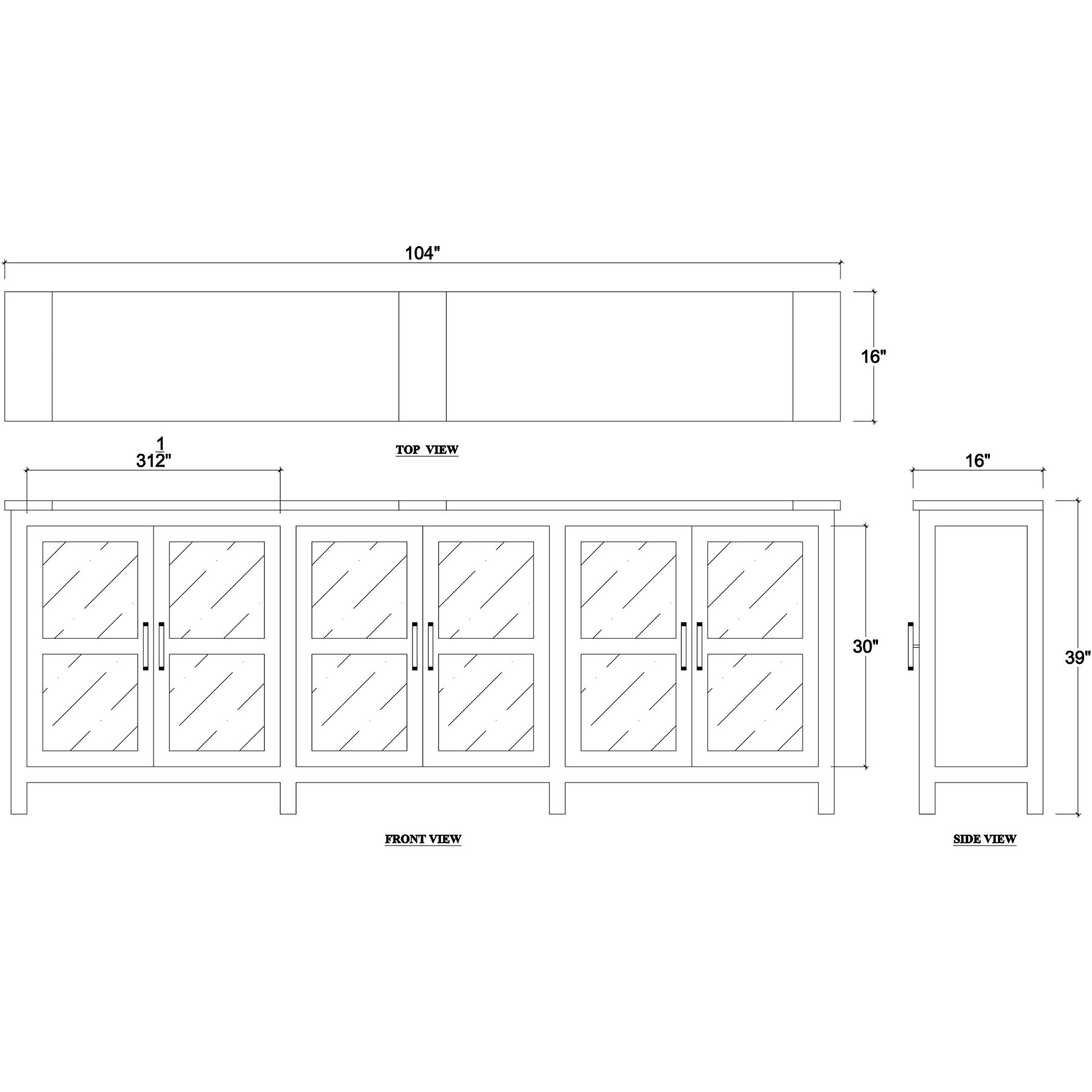 Dimension diagram of country wood sideboard with glass doors.