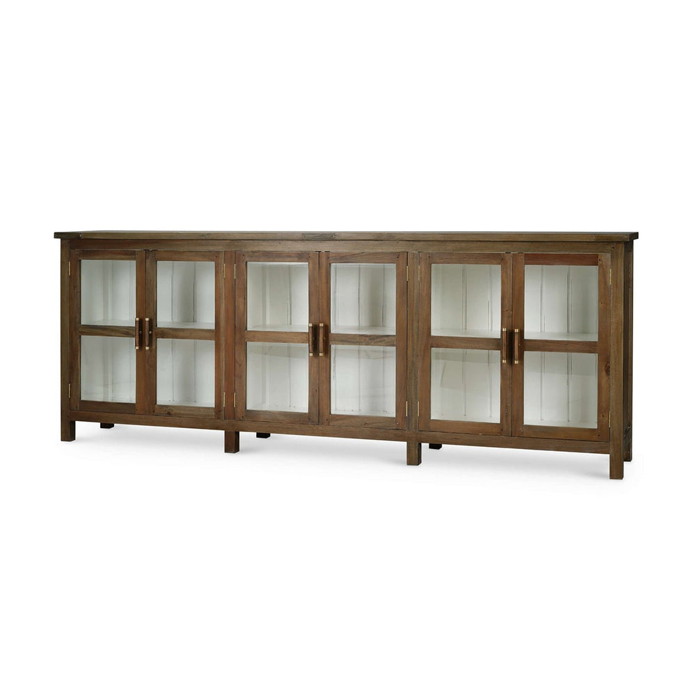 Rustic wood sideboard with glass doors, angled view.