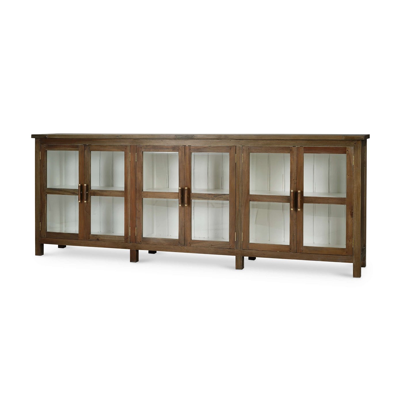 Rustic wood sideboard with glass doors, angled view.
