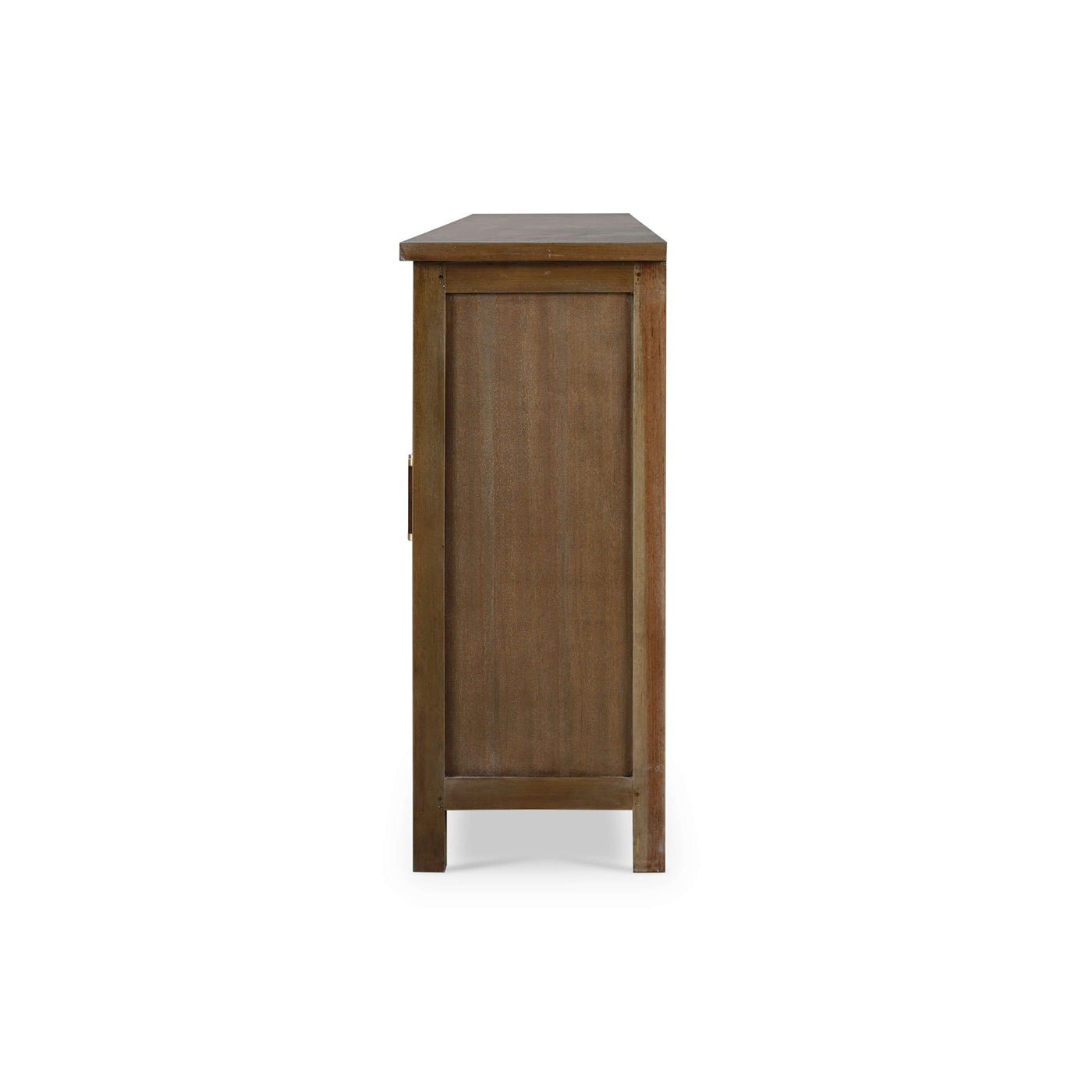 Side profile of rustic wood sideboard with clean lines.