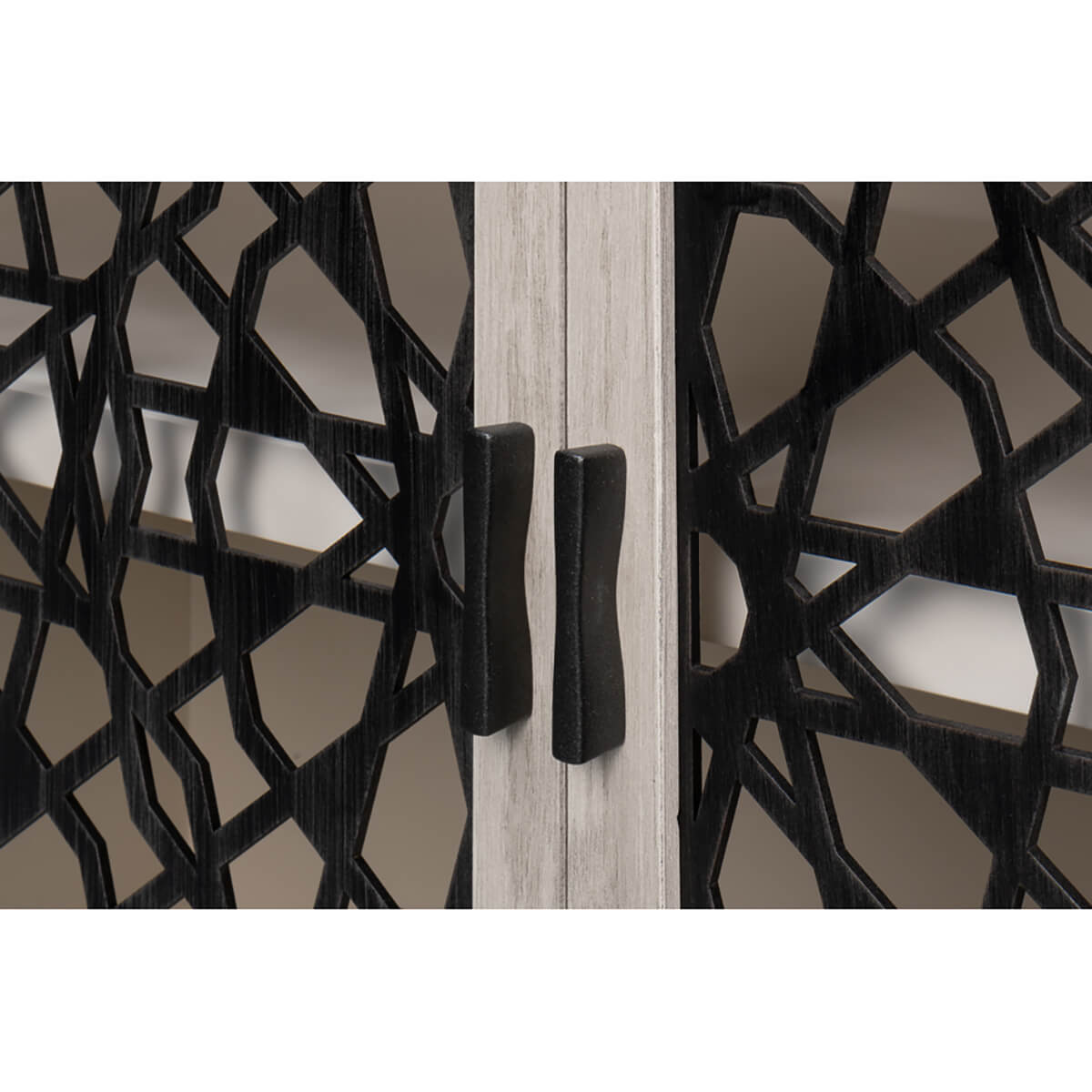 Detailed view of Covet Credenza handles and door pattern.