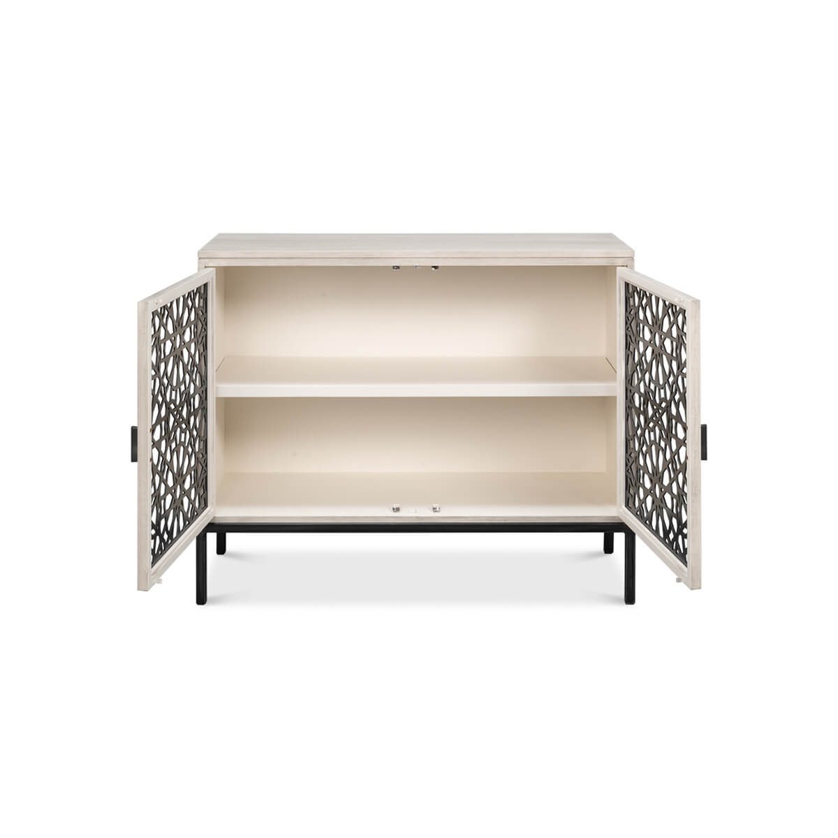 Open doors of Covet Modern Credenza showing interior shelves.