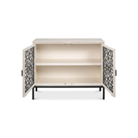Open doors of Covet Modern Credenza showing interior shelves.