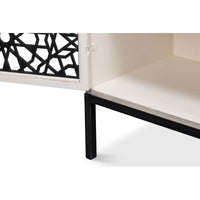 Bottom corner of open Covet Credenza, black metal leg detail.
