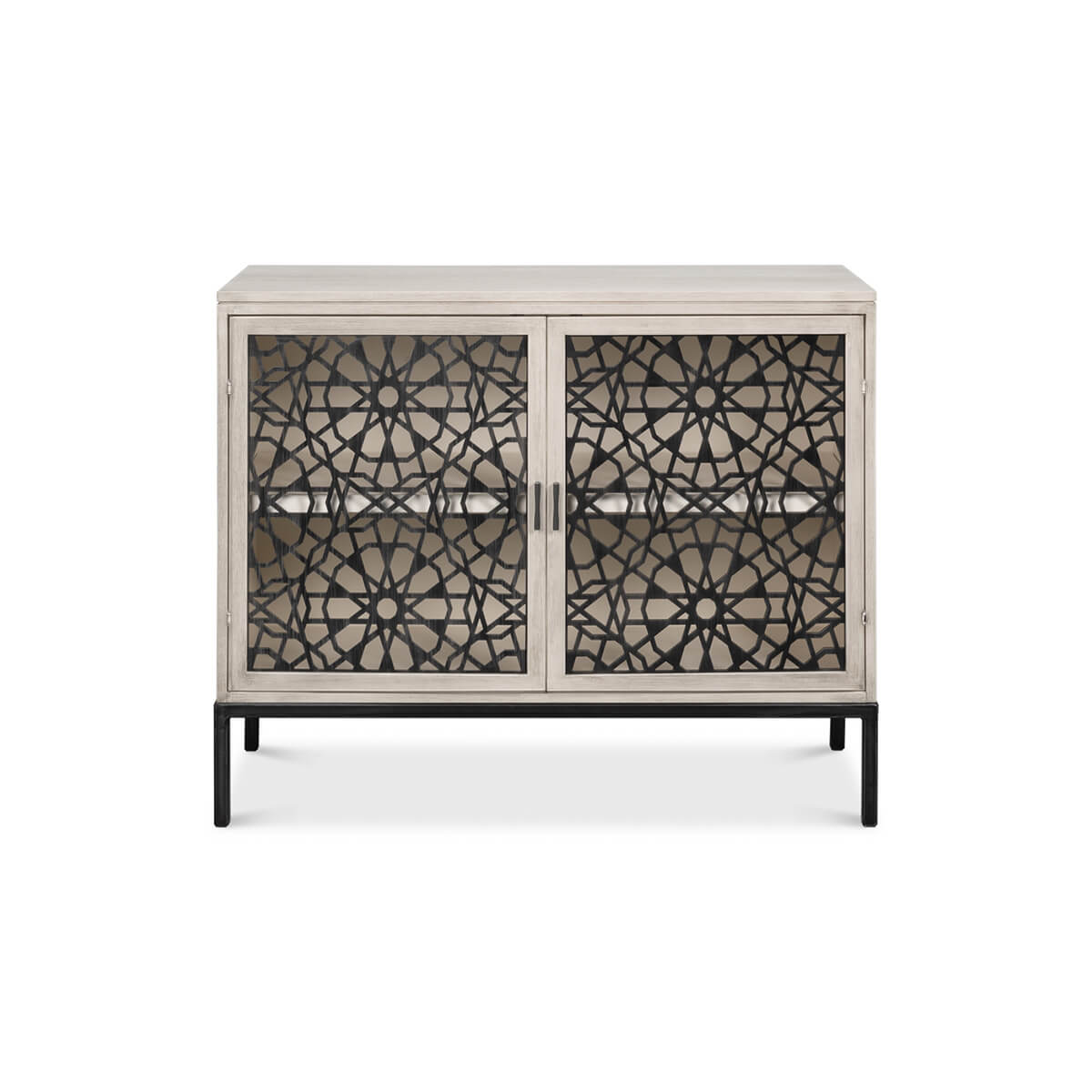 Front view of Covet Modern Credenza, intricate door pattern.