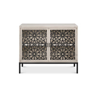 Front view of Covet Modern Credenza, intricate door pattern.
