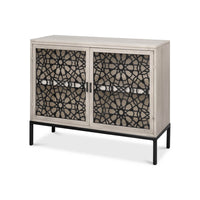 Front angle of Covet Modern Credenza, decorative doors visible.