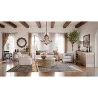 Living room featuring Mid Century console table, stylish decor.