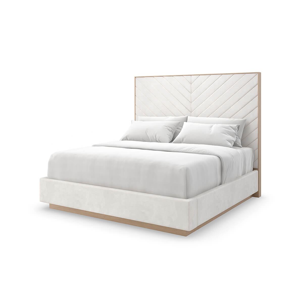 Cream chevron tufted upholstered king bed front view