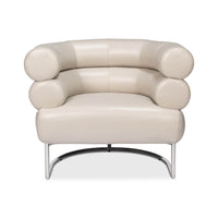 Front view of white leather accent chair.
