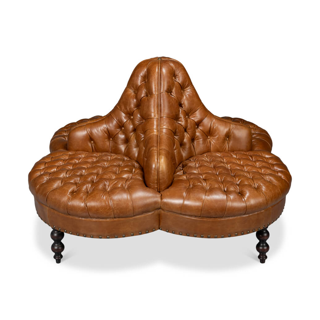 Cushioned brown sofa, rear view.